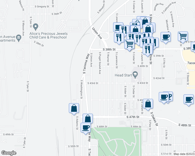 map of restaurants, bars, coffee shops, grocery stores, and more near 4034 South Puget Sound Avenue in Tacoma