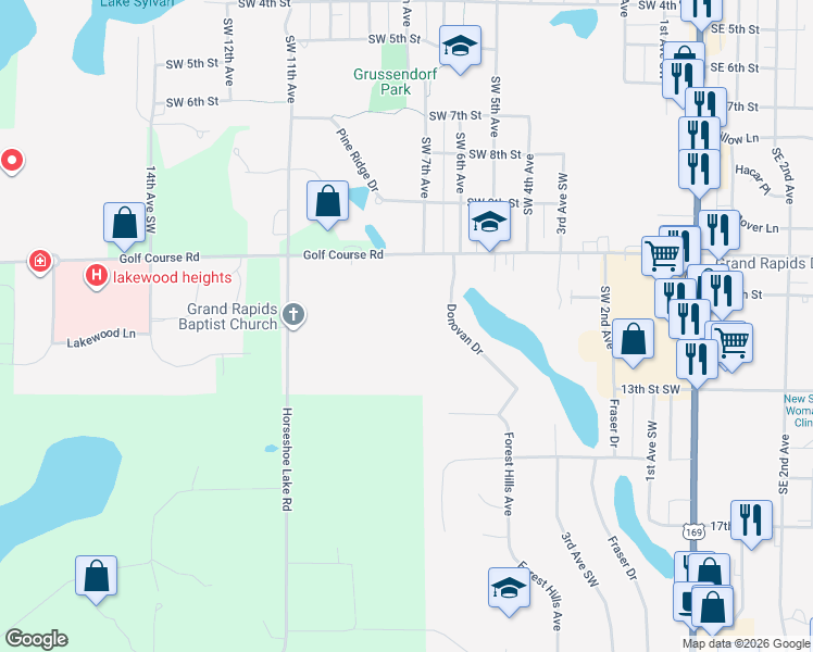 map of restaurants, bars, coffee shops, grocery stores, and more near 1002 Golf Course Road in Grand Rapids