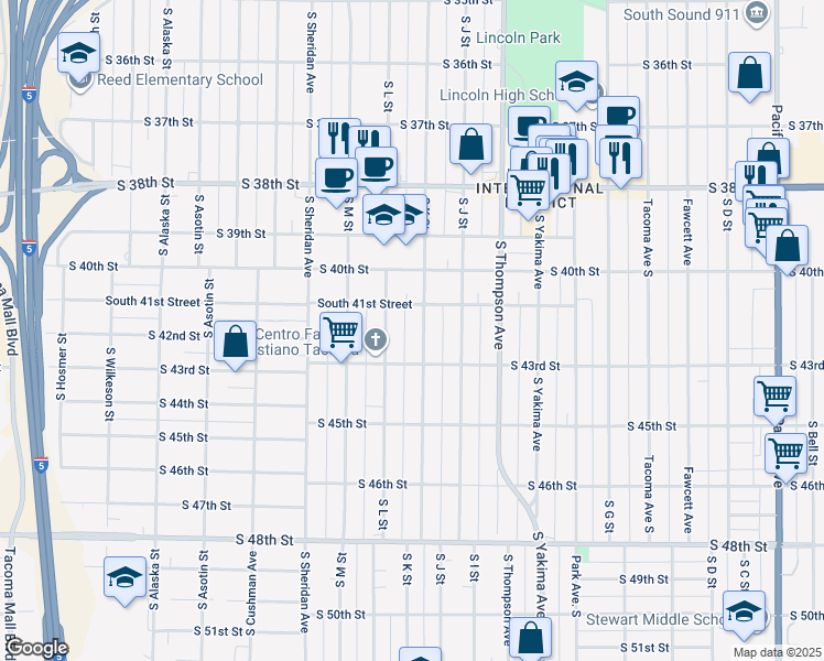 map of restaurants, bars, coffee shops, grocery stores, and more near 4102 South K Street in Tacoma
