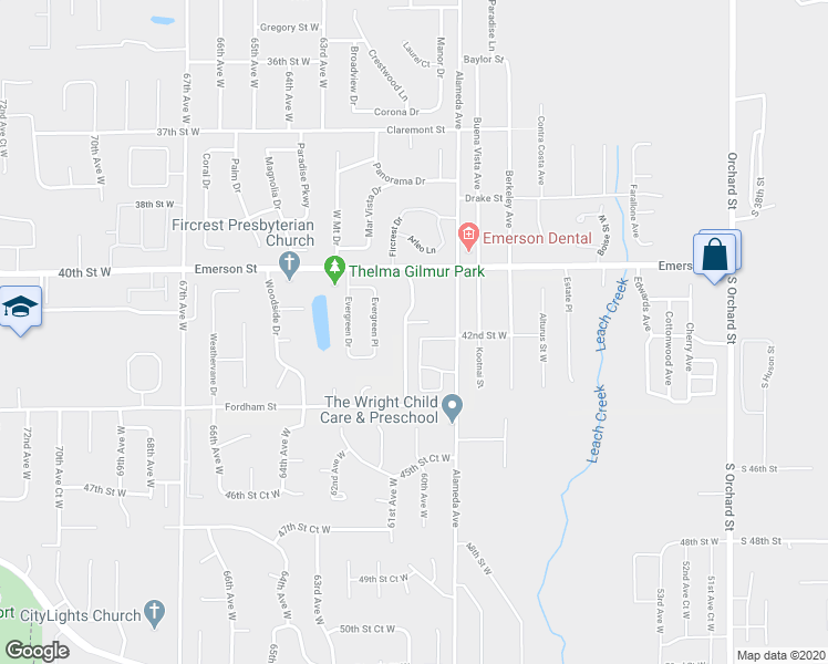 map of restaurants, bars, coffee shops, grocery stores, and more near 1443 Rainier Court in Fircrest