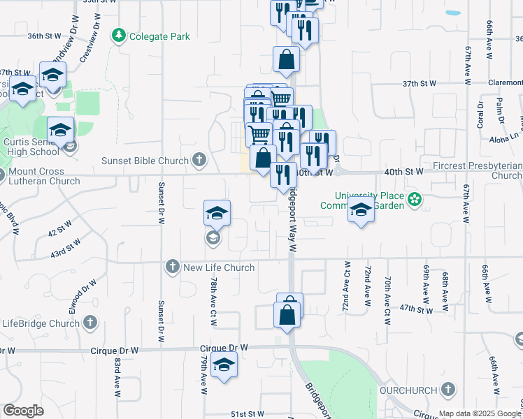 map of restaurants, bars, coffee shops, grocery stores, and more near 7610 40th Street West in University Place