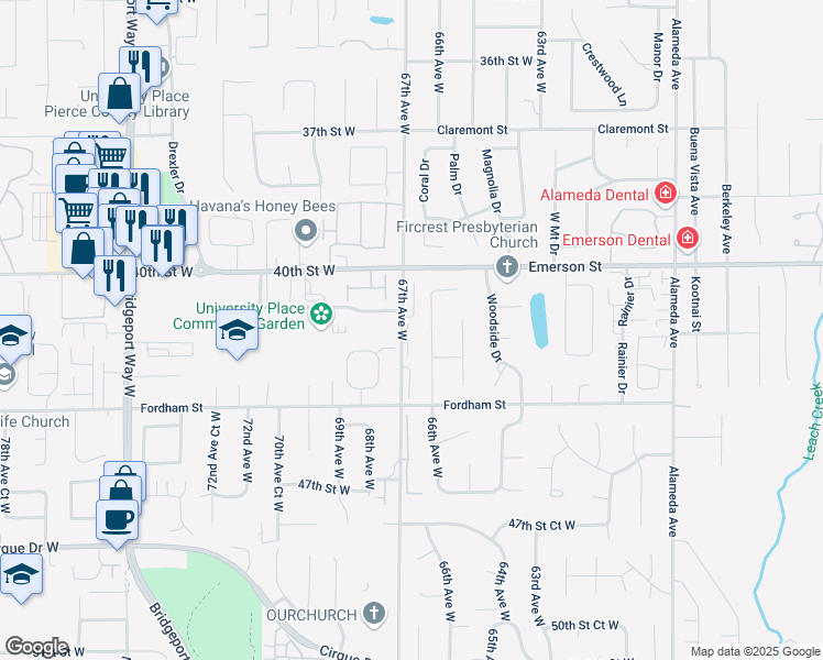 map of restaurants, bars, coffee shops, grocery stores, and more near 4221 67th Avenue West in University Place