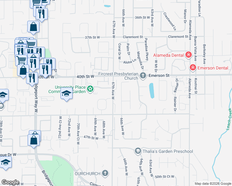 map of restaurants, bars, coffee shops, grocery stores, and more near 4221 67th Avenue West in University Place
