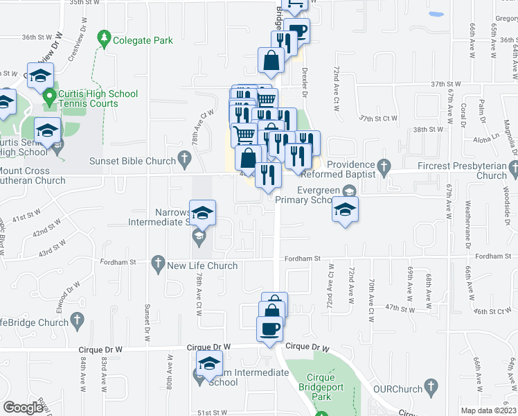 map of restaurants, bars, coffee shops, grocery stores, and more near 7510 41st Street Court West in University Place