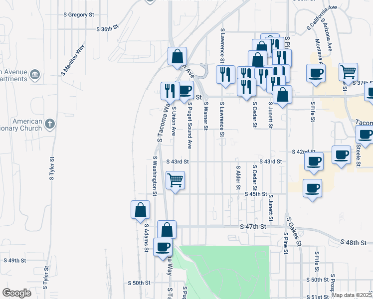 map of restaurants, bars, coffee shops, grocery stores, and more near 4030 South Puget Sound Avenue in Tacoma