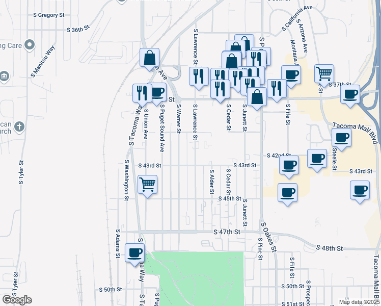 map of restaurants, bars, coffee shops, grocery stores, and more near 4018 South Lawrence Street in Tacoma