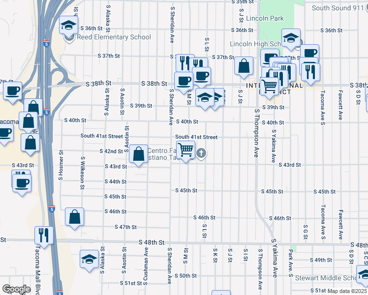 map of restaurants, bars, coffee shops, grocery stores, and more near 4102a South M Street in Tacoma