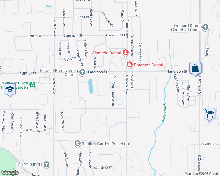 map of restaurants, bars, coffee shops, grocery stores, and more near 1446 Rainier Drive in Fircrest