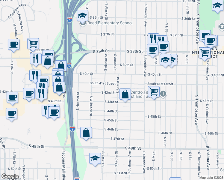 map of restaurants, bars, coffee shops, grocery stores, and more near 1664 South 41st Street in Tacoma