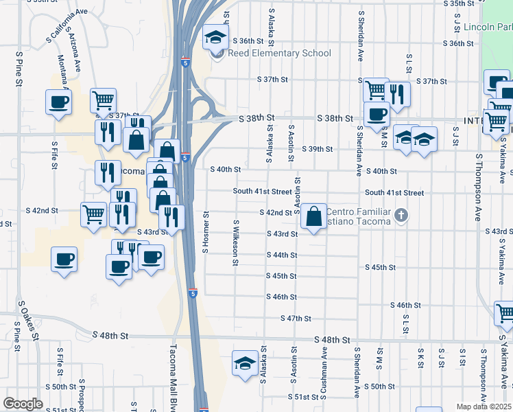map of restaurants, bars, coffee shops, grocery stores, and more near 1706 South 41st Street in Tacoma