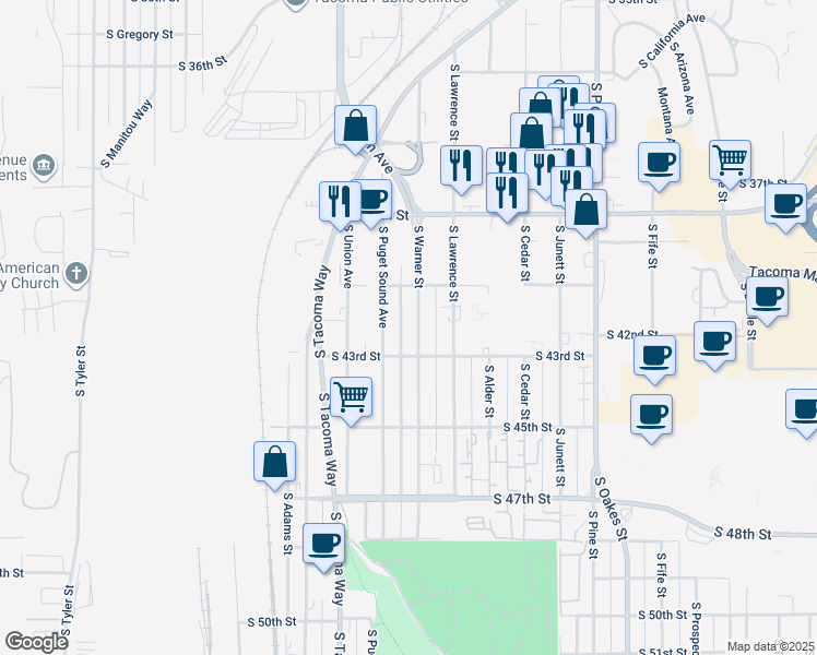 map of restaurants, bars, coffee shops, grocery stores, and more near 4030 South Warner Street in Tacoma