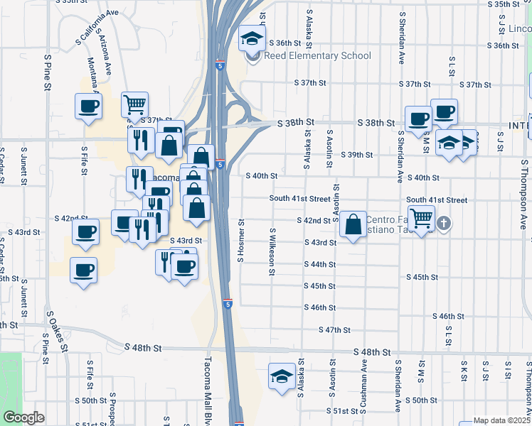 map of restaurants, bars, coffee shops, grocery stores, and more near 1754 South 41st Street in Tacoma