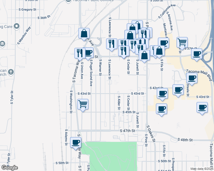 map of restaurants, bars, coffee shops, grocery stores, and more near 4018 South Lawrence Street in Tacoma