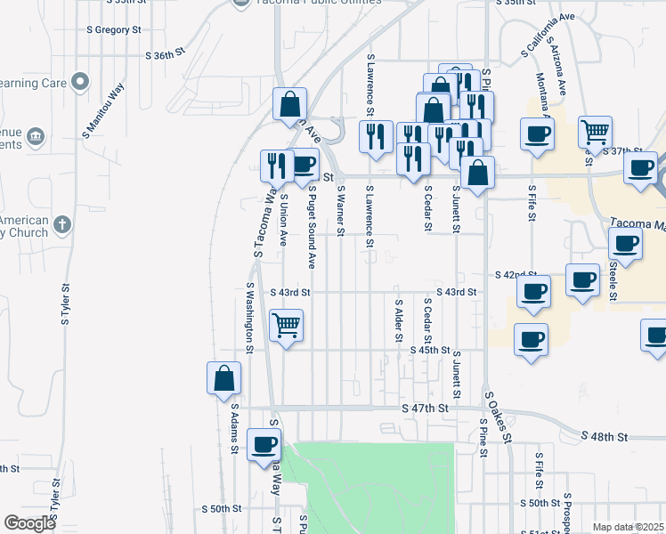 map of restaurants, bars, coffee shops, grocery stores, and more near 4014 South Warner Street in Tacoma