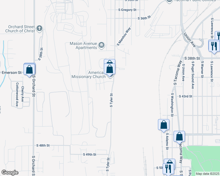 map of restaurants, bars, coffee shops, grocery stores, and more near 4102 South Tyler Street in Tacoma