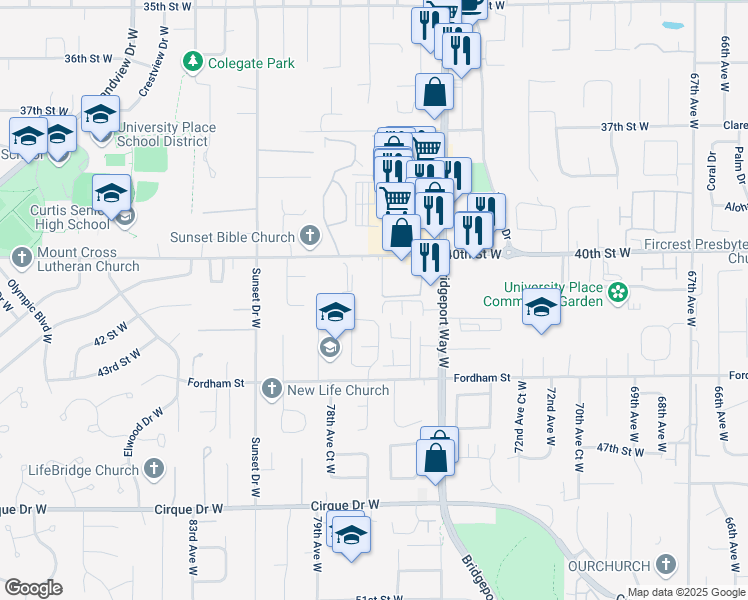 map of restaurants, bars, coffee shops, grocery stores, and more near 7610 40th Street West in University Place