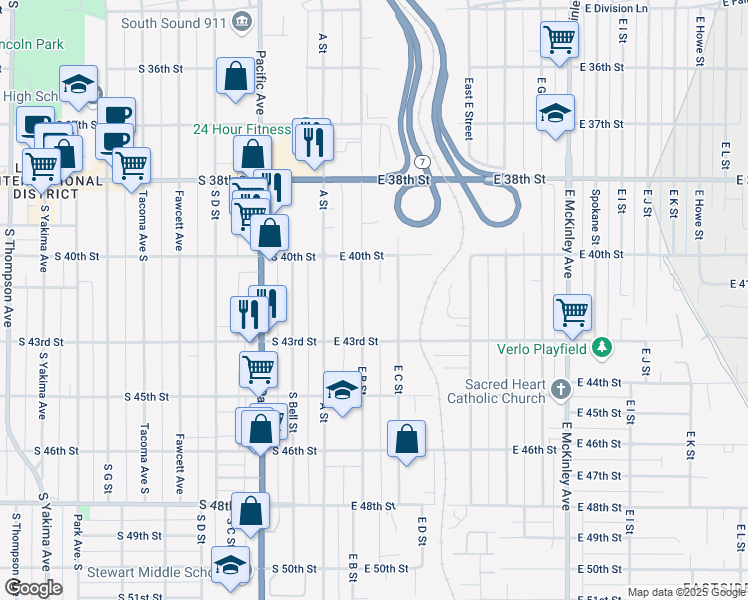 map of restaurants, bars, coffee shops, grocery stores, and more near 4024 East C Street in Tacoma