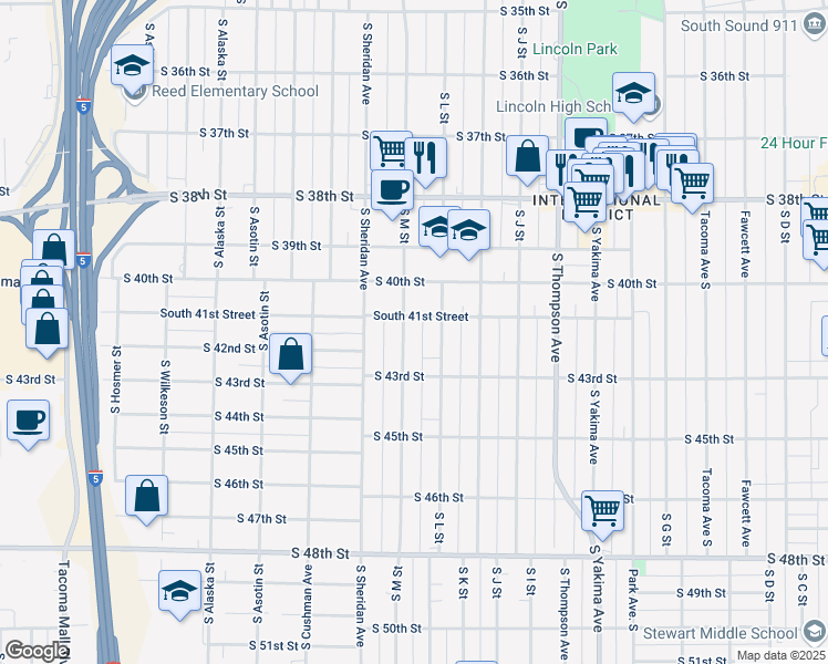 map of restaurants, bars, coffee shops, grocery stores, and more near 4102a South M Street in Tacoma