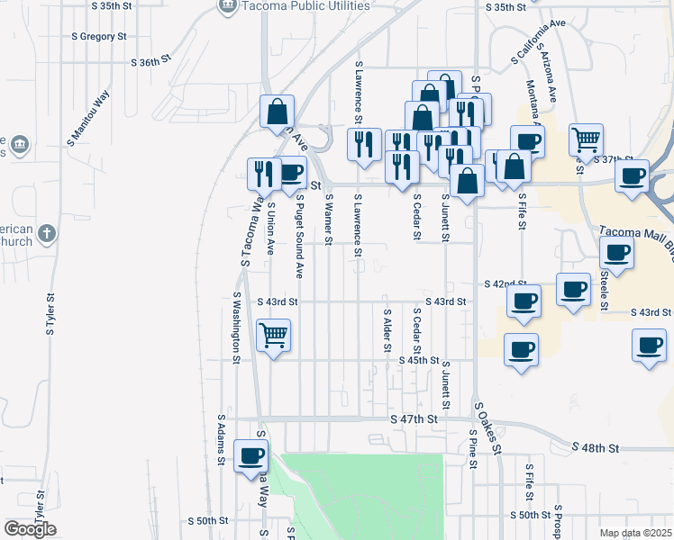 map of restaurants, bars, coffee shops, grocery stores, and more near 4018 South Lawrence Street in Tacoma