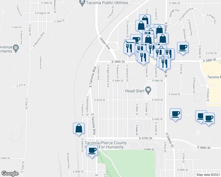 map of restaurants, bars, coffee shops, grocery stores, and more near 4021 South Puget Sound Avenue in Tacoma