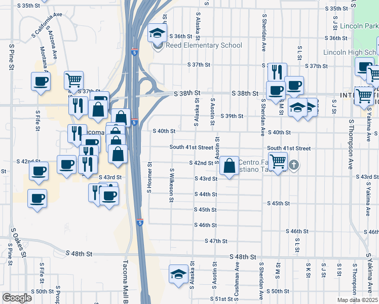 map of restaurants, bars, coffee shops, grocery stores, and more near 1706 South 41st Street in Tacoma