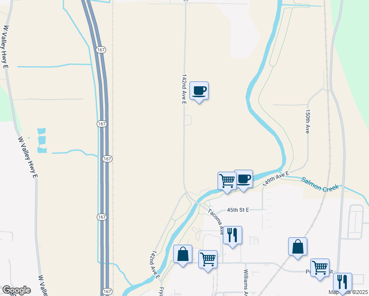 map of restaurants, bars, coffee shops, grocery stores, and more near 4123 142nd Avenue East in Sumner