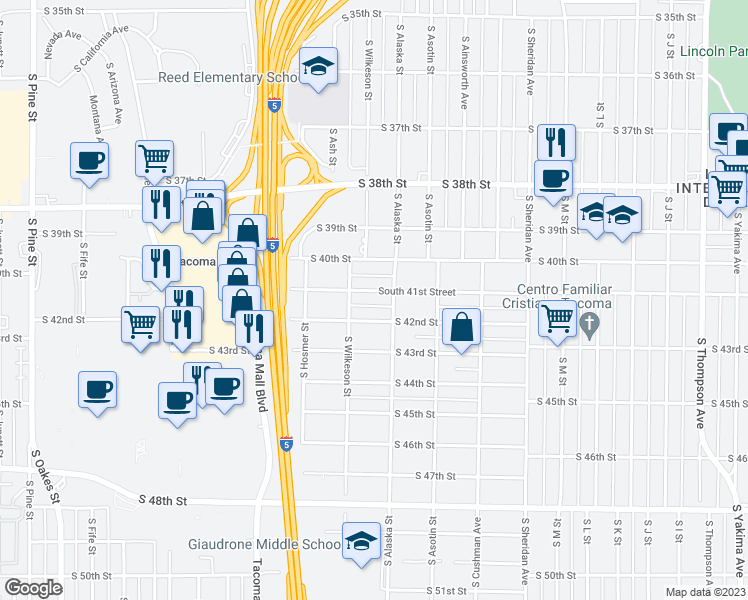 map of restaurants, bars, coffee shops, grocery stores, and more near 1706 South 41st Street in Tacoma