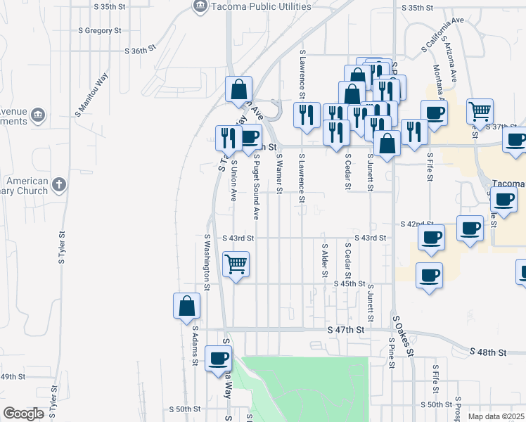 map of restaurants, bars, coffee shops, grocery stores, and more near 4014 South Warner Street in Tacoma