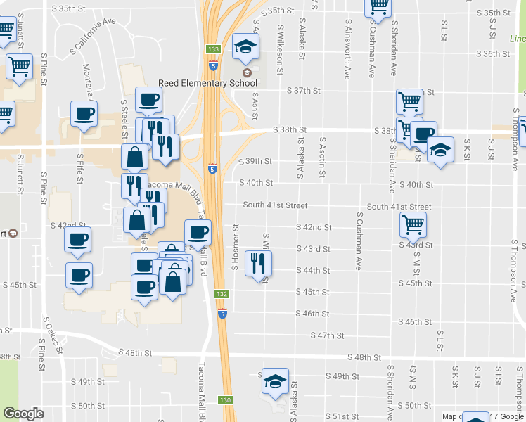 map of restaurants, bars, coffee shops, grocery stores, and more near 1754 South 41st Street in Tacoma