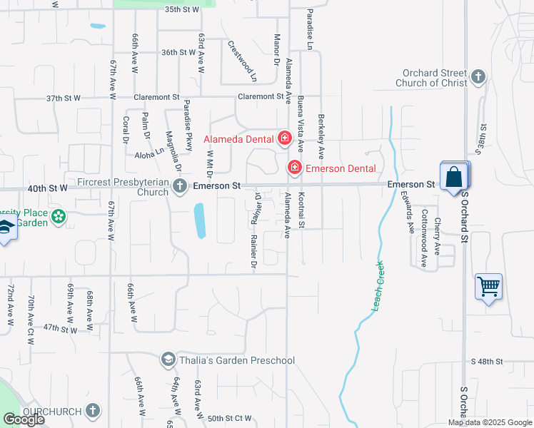 map of restaurants, bars, coffee shops, grocery stores, and more near 1433 Rainier Court in Fircrest