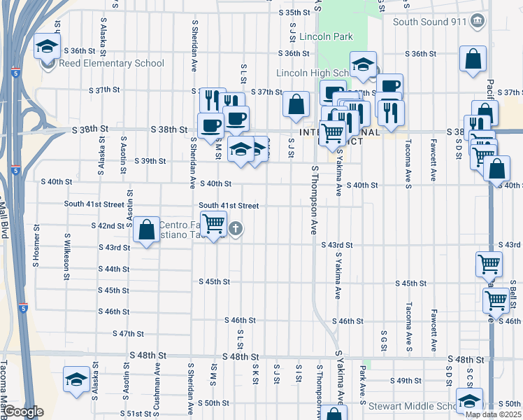 map of restaurants, bars, coffee shops, grocery stores, and more near 4102 South K Street in Tacoma
