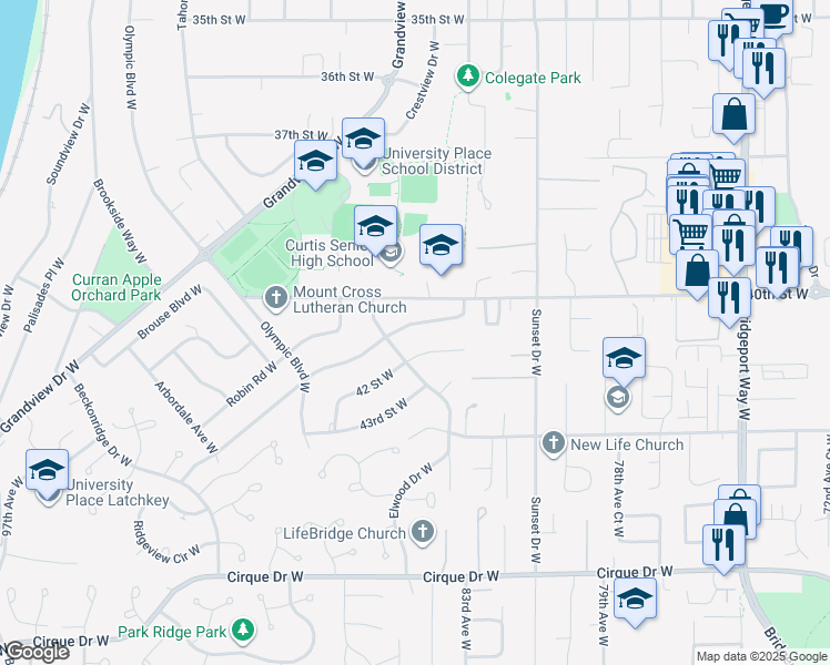 map of restaurants, bars, coffee shops, grocery stores, and more near 8414 41st Street West in University Place