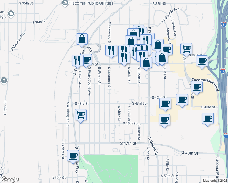 map of restaurants, bars, coffee shops, grocery stores, and more near 4023 South Lawrence Street in Tacoma