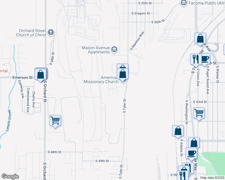 map of restaurants, bars, coffee shops, grocery stores, and more near 4332 South 41st Street in Tacoma