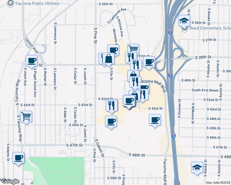 map of restaurants, bars, coffee shops, grocery stores, and more near in Tacoma