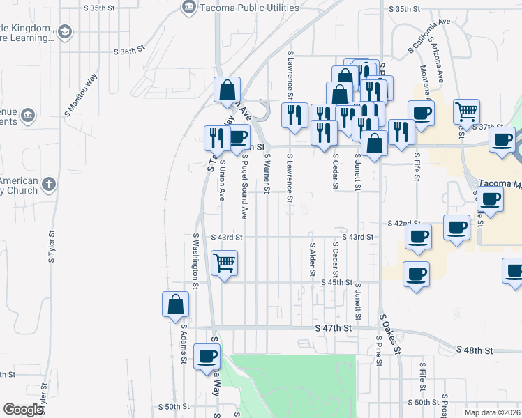 map of restaurants, bars, coffee shops, grocery stores, and more near 4018 South Warner Street in Tacoma