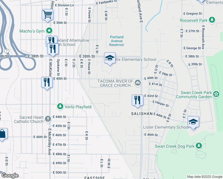 map of restaurants, bars, coffee shops, grocery stores, and more near 1314 East 41st Street in Tacoma