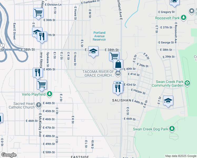 map of restaurants, bars, coffee shops, grocery stores, and more near 1314 East 41st Street in Tacoma