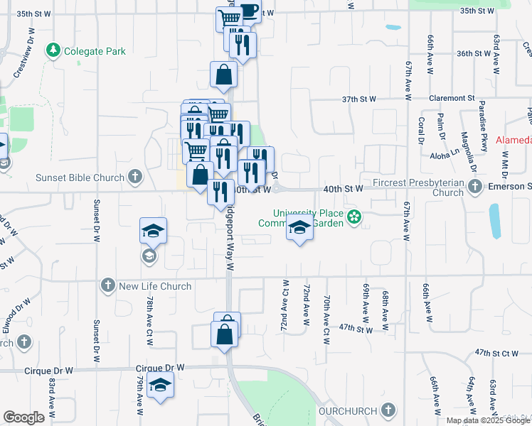 map of restaurants, bars, coffee shops, grocery stores, and more near 4107 Bridgeport Way West in University Place