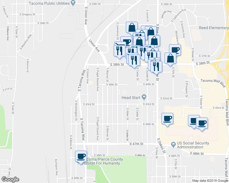 map of restaurants, bars, coffee shops, grocery stores, and more near 4018 South Lawrence Street in Tacoma