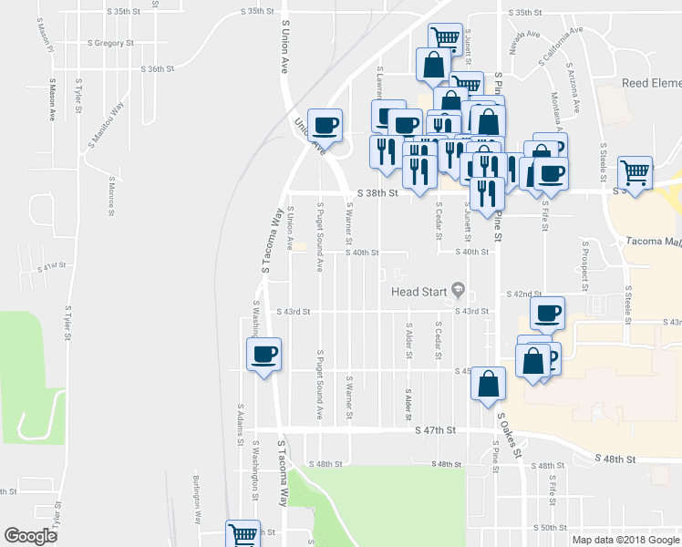map of restaurants, bars, coffee shops, grocery stores, and more near 4014 South Warner Street in Tacoma