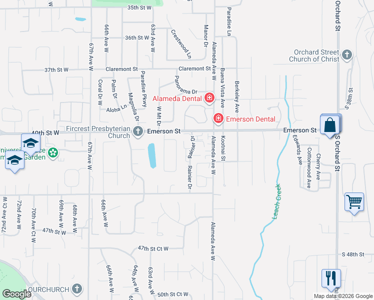 map of restaurants, bars, coffee shops, grocery stores, and more near 1446 Rainier Drive in Fircrest