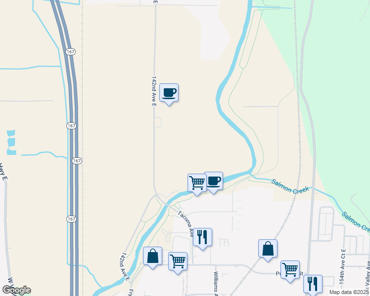 map of restaurants, bars, coffee shops, grocery stores, and more near 4123 142nd Avenue East in Sumner