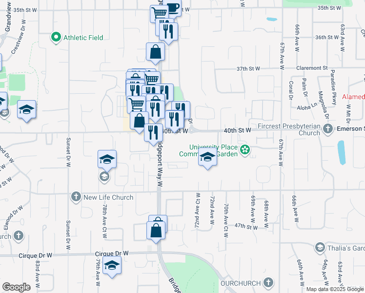 map of restaurants, bars, coffee shops, grocery stores, and more near 4107 Bridgeport Way West in University Place