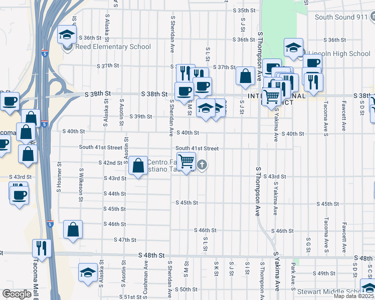 map of restaurants, bars, coffee shops, grocery stores, and more near 4102a South M Street in Tacoma