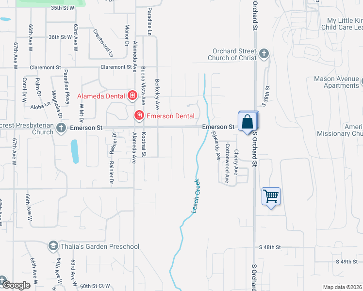 map of restaurants, bars, coffee shops, grocery stores, and more near 1433 Estate Place in Fircrest