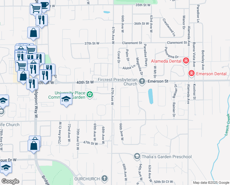 map of restaurants, bars, coffee shops, grocery stores, and more near 4133 Flora Drive in Fircrest