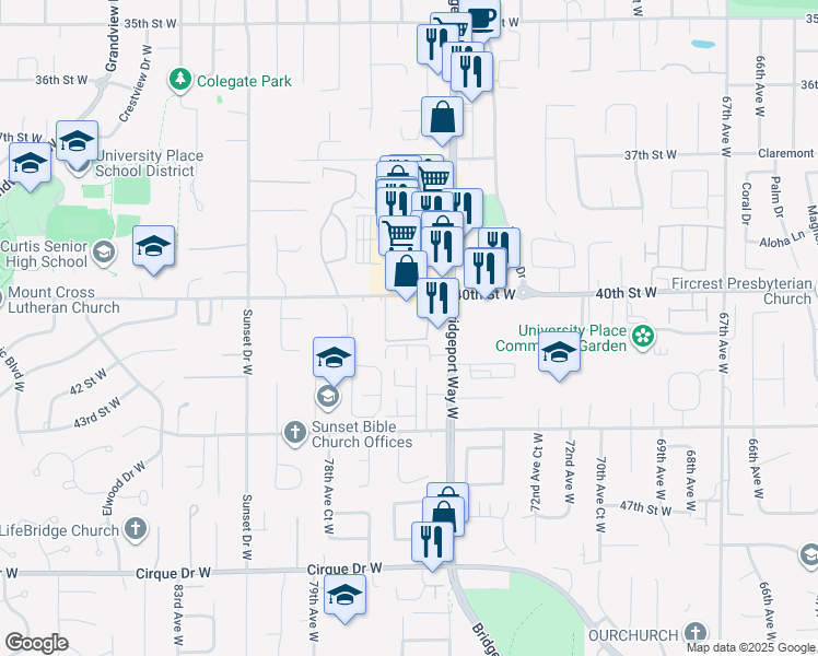 map of restaurants, bars, coffee shops, grocery stores, and more near 7610 40th Street West in University Place