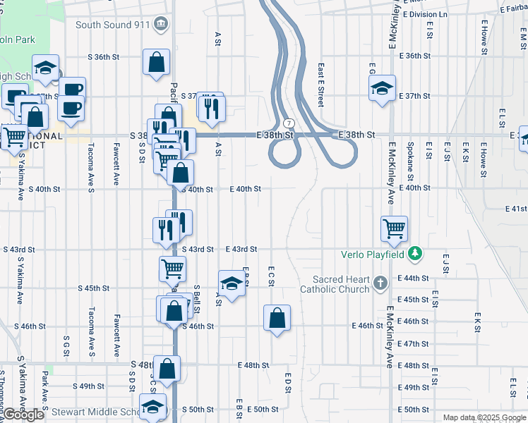 map of restaurants, bars, coffee shops, grocery stores, and more near 4024 East C Street in Tacoma