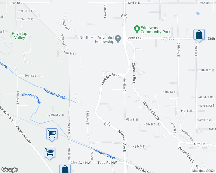 map of restaurants, bars, coffee shops, grocery stores, and more near 10003 42nd St E in Edgewood